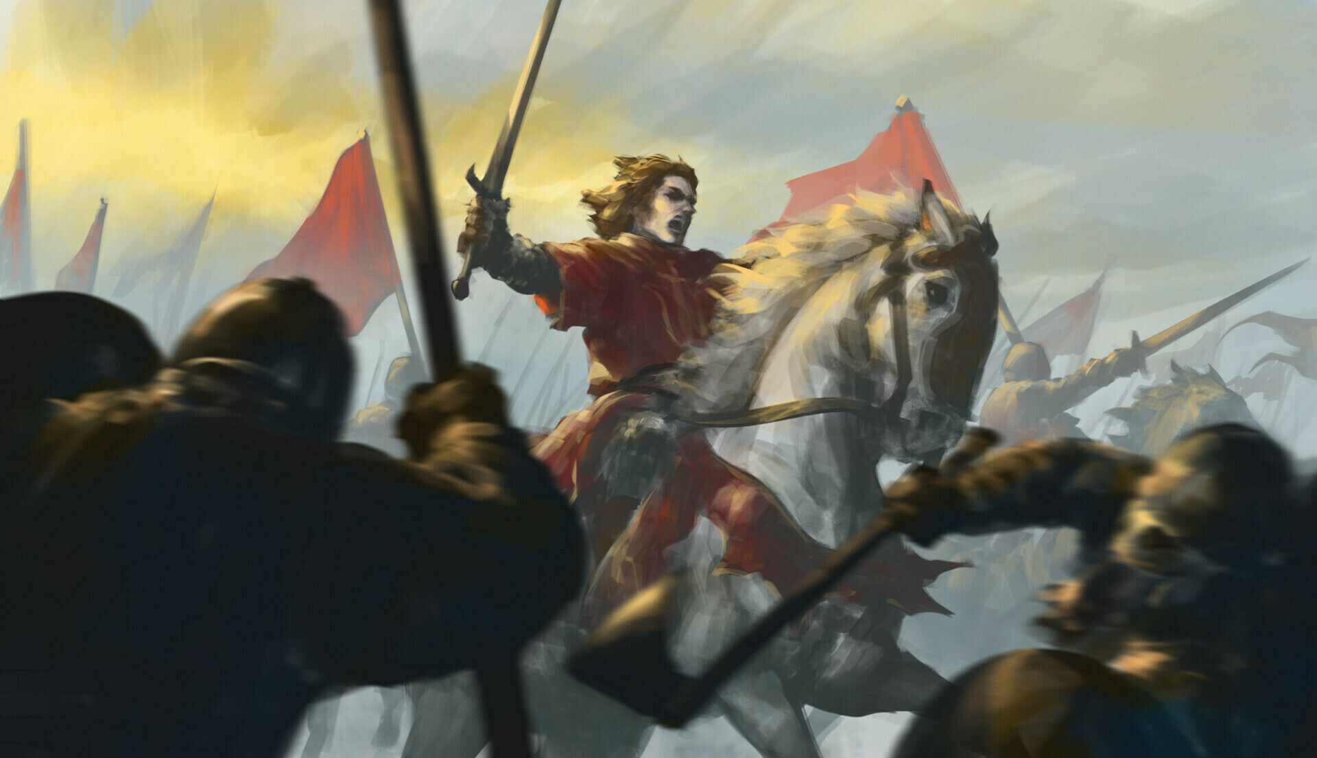King arthur, a lawful powerful historical figure, riding out into his first battle. he is an exemplary representation of a person who lives by the 48 laws of power